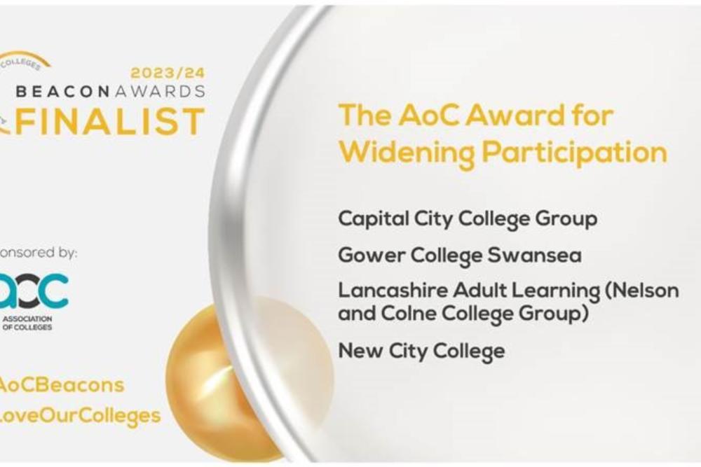 A graphical image issued by the Association of Colleges, announcing Gower College Swansea as a finalist in the Widening Participation award category.