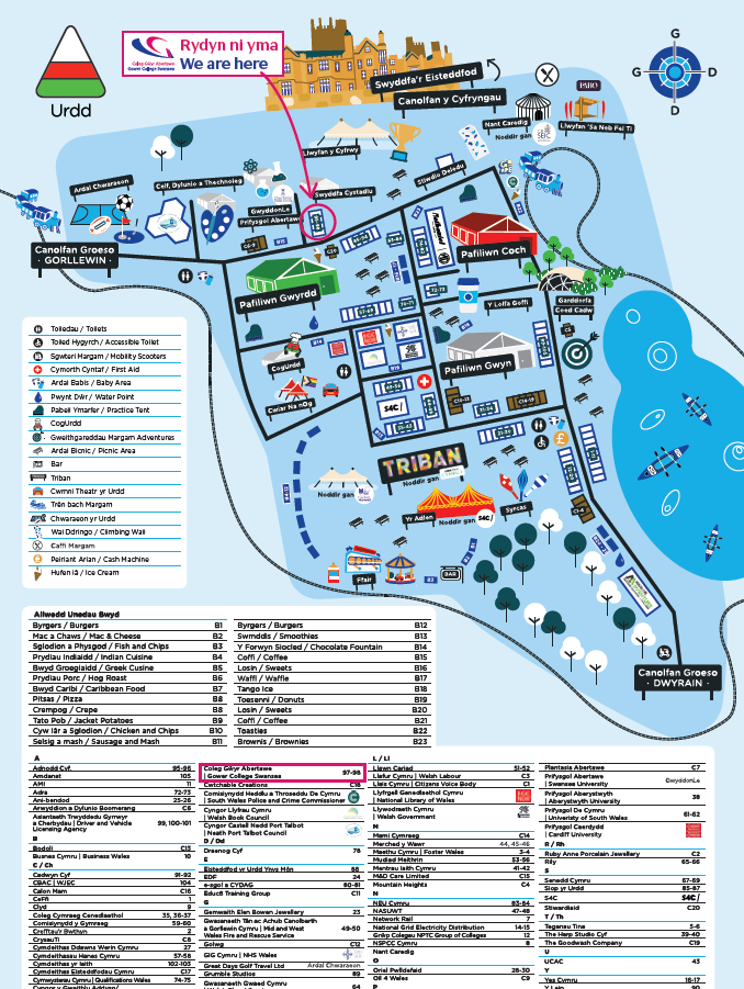 Image showing map of Eisteddfod Maes with arrow pointing to Gower College Swansea's stand near the registration tent
