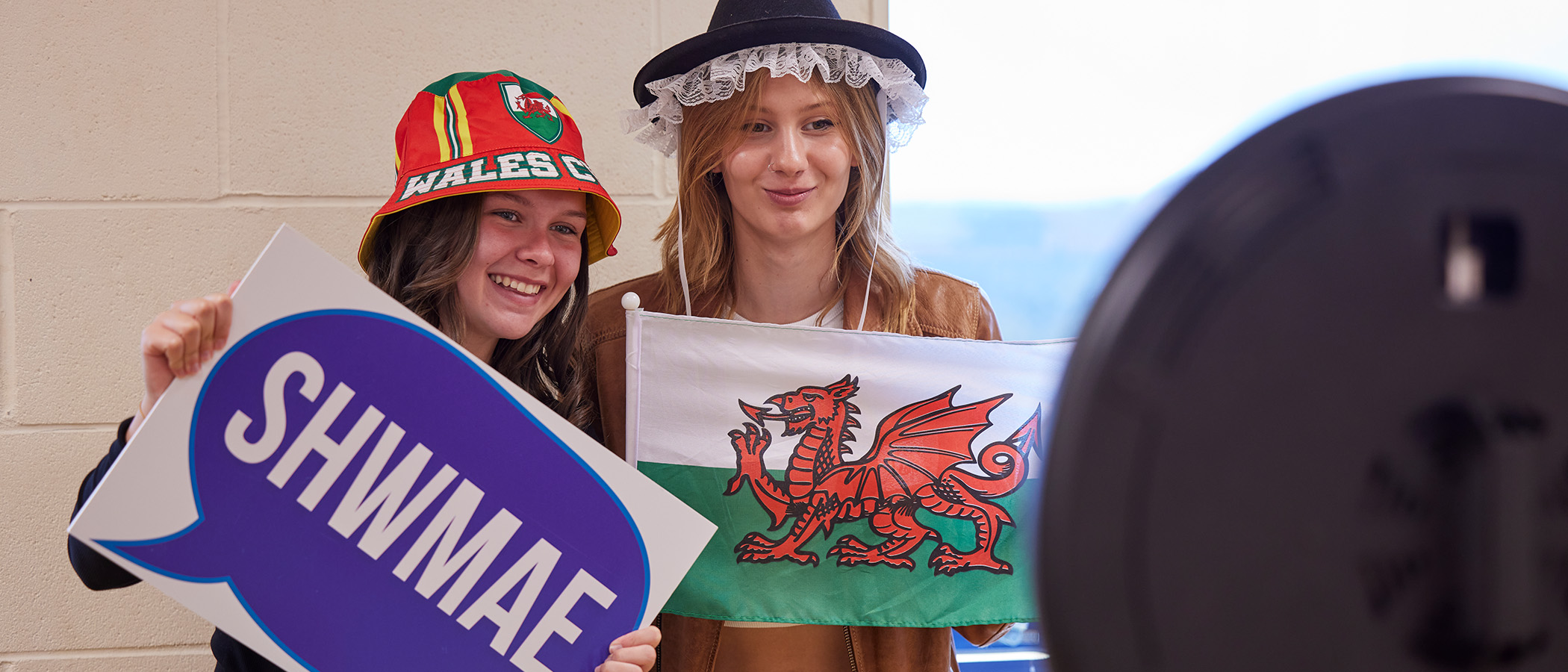 Welsh students with flags