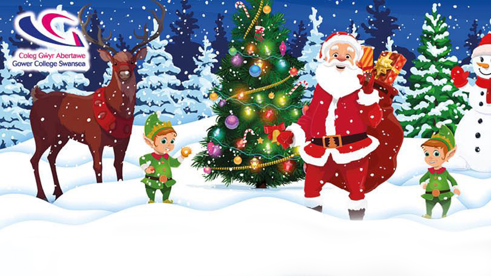 Cartoon Santa with reindeer, snowman and elves