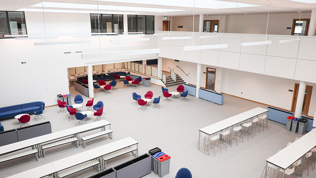 Photograph from the balcony, looking down on the new social space