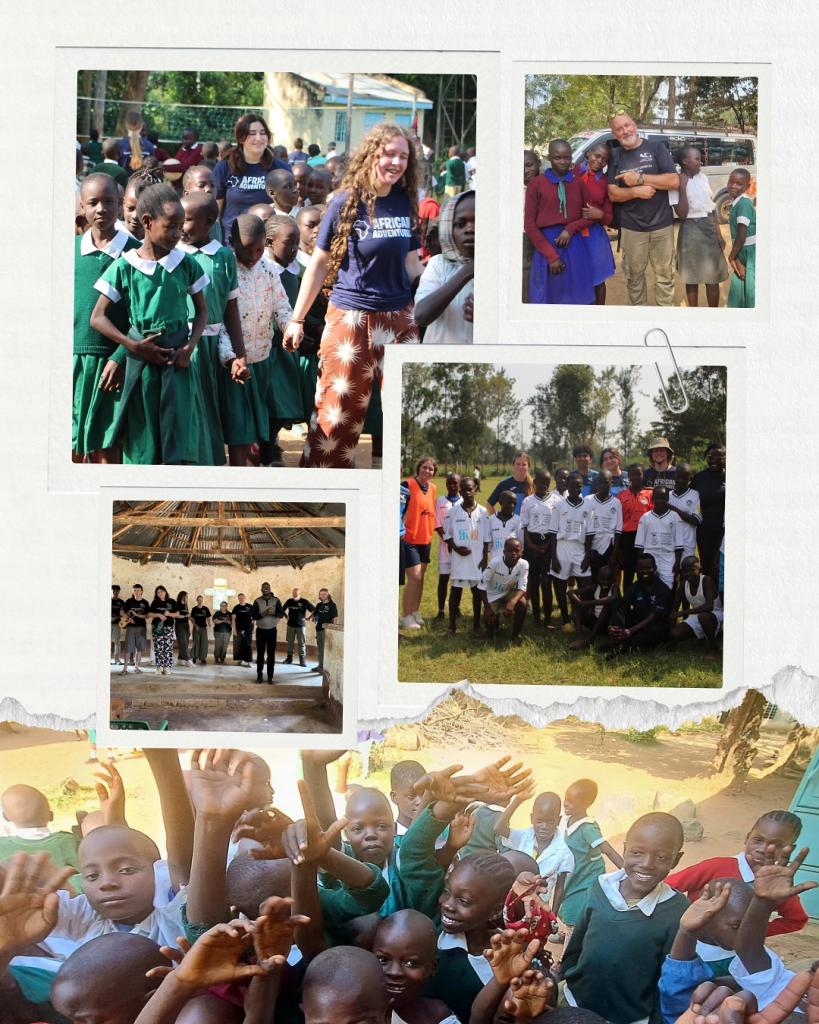 Collage of pictures from the trip. Each photo has a group of Madungu school children with our staff and students. Playing outside. In Swansea Football kits. And outdoors.