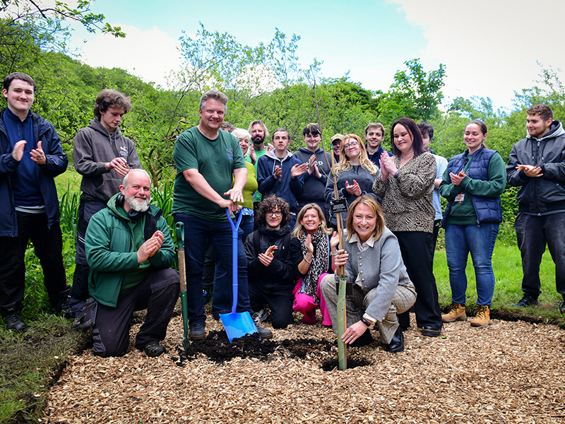 Landscape team and students with sapling in ground