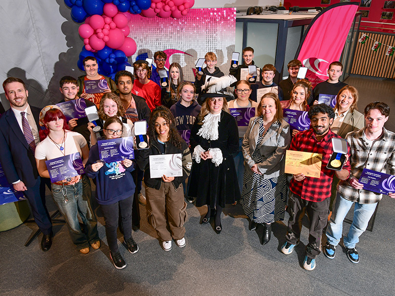 Group picture of Skills Competition Wales winners, with Paul Kift, Principal and Diana Stroia, High Sheriff of West Glamorgan