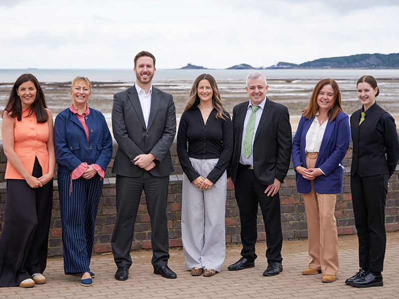 Left to right - Amy Harvey Secret Hospitality Group, Nikki Neale Vice Principal, Paul Kift Vice Principal, Lucy Hole Secret Hospitality Group, Mark Clement Learning Area Manager, Cath Williams Dean of Faculty, Evelyn Howells Level 2 student in Professional Cookery and Hospitality