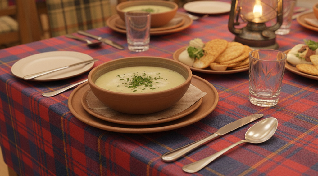 Image of a scottish themed dining table with soup