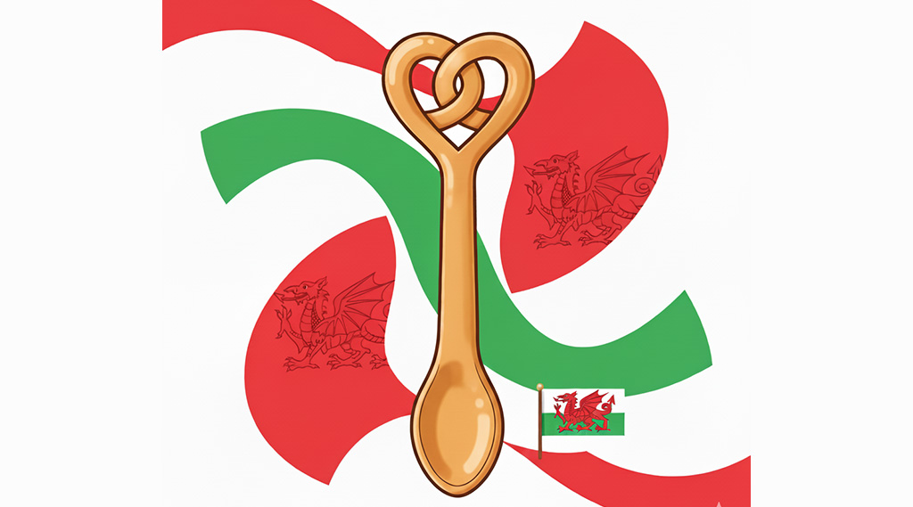 illustration of a love spoon with Welsh colours in the background