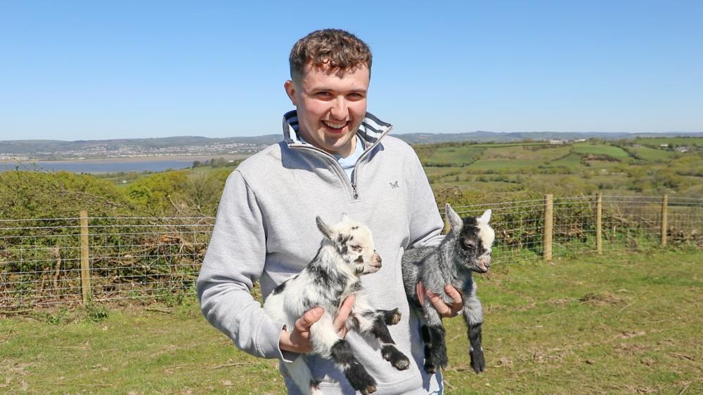 Will Evans yn dal dwy afr fach gyda golygfeydd Bro Gŵyr yn y cefndir