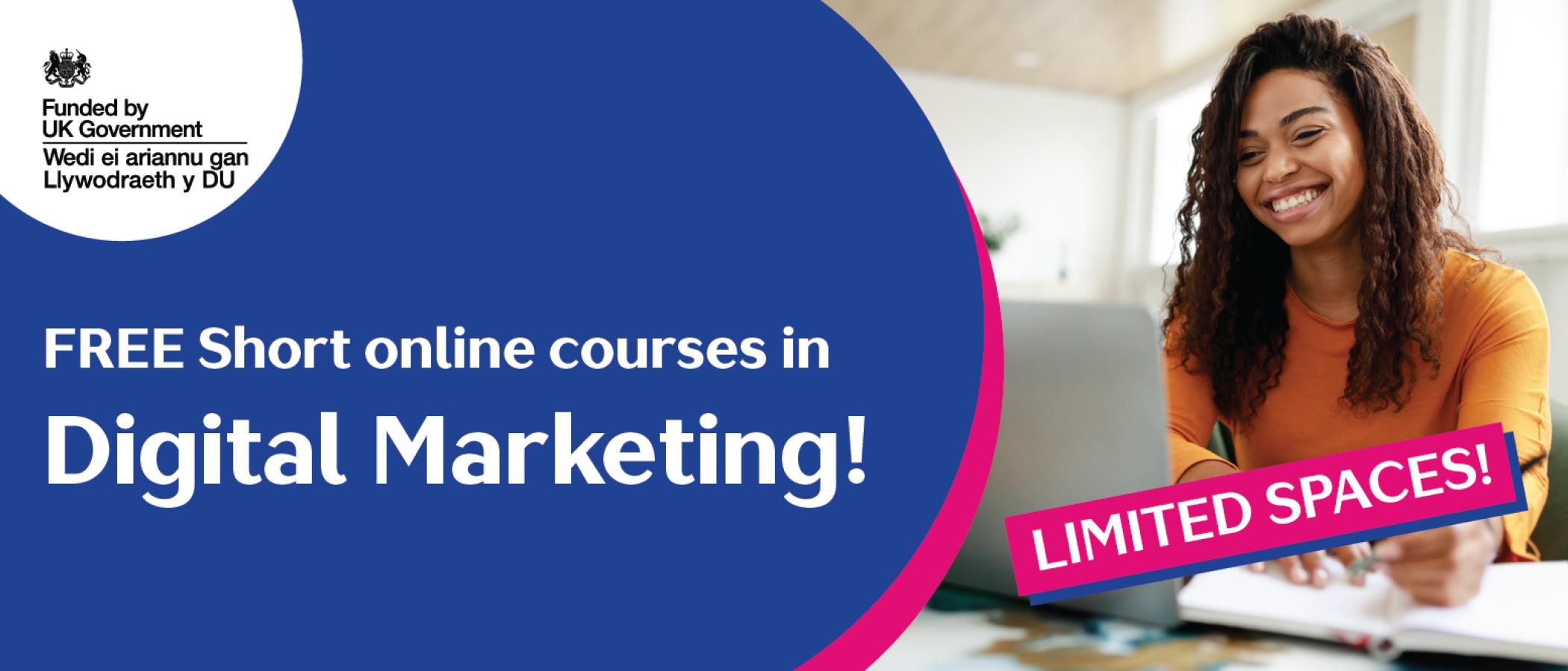 A promotional image advertising free one-day online courses in Digital Marketing.