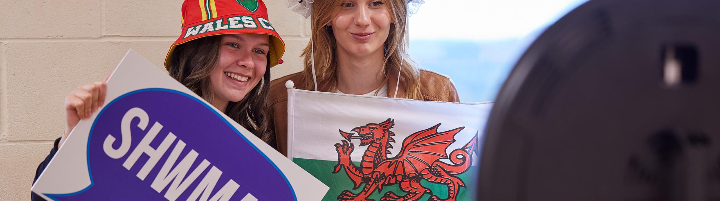 Welsh students with flags
