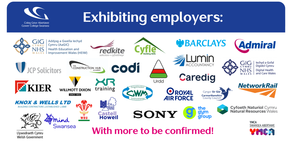 Exhibiting employers: Health Education and Improvement Wales (HEIW), Redkite solicitors, Cyfle, Barclays, Admiral, JCP Solicitors, The Construction Hub Academy, Codi, Urdd, Lumin Accountancy, Digital Health and Care Wales, Kier, Willmott Dixon, XR Training, GWM Environmental, Royal Air Force, Caredig, Carmarthenshire County Council, Network Rail, Knox and Wells, WRU, Castell Howell, Sony, The Gym Group, Natural Resources Wales, Welsh Government, Mind Swansea, YMCA Swansea, with more to be confirmed!