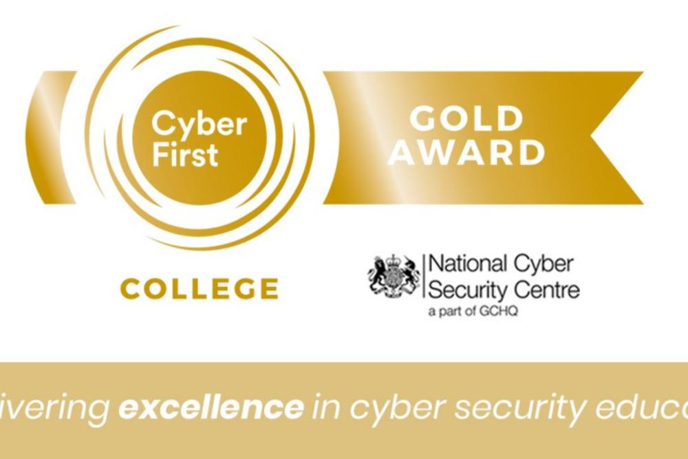 A graphical image issued by the National Cyber Security Centre, announcing that Gower College Swansea has been awarded the CyberFirst Gold Award.