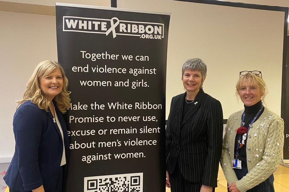 Sarah King, Lorraine Evans and Anthea Sully, Chief Executive of White Ribbon UK at the Preventing Violence against Women and Girls in Wales Conference, Cardiff.