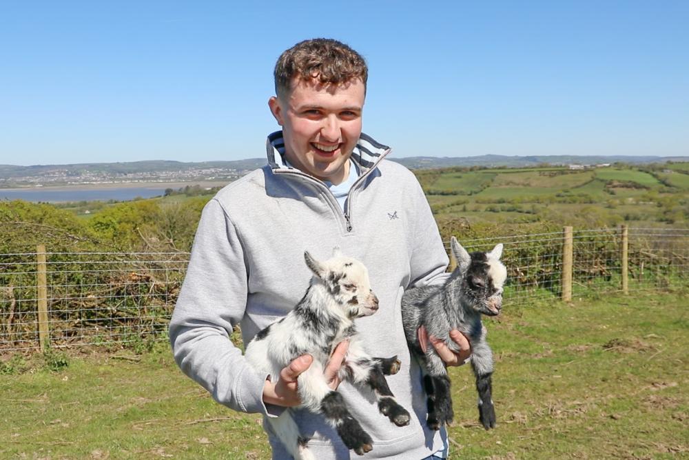 Will Evans holding two baby goats with the view of Gower in the background