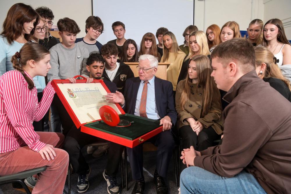 Students and staff with the Lord German OBE