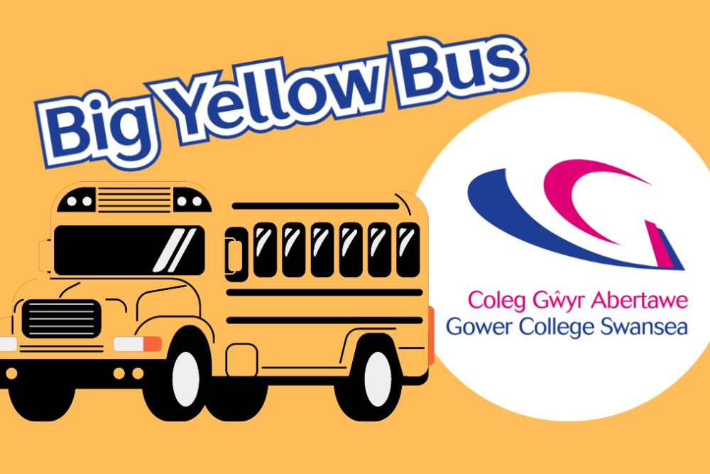 Big yellow school bus with Gower College Logo